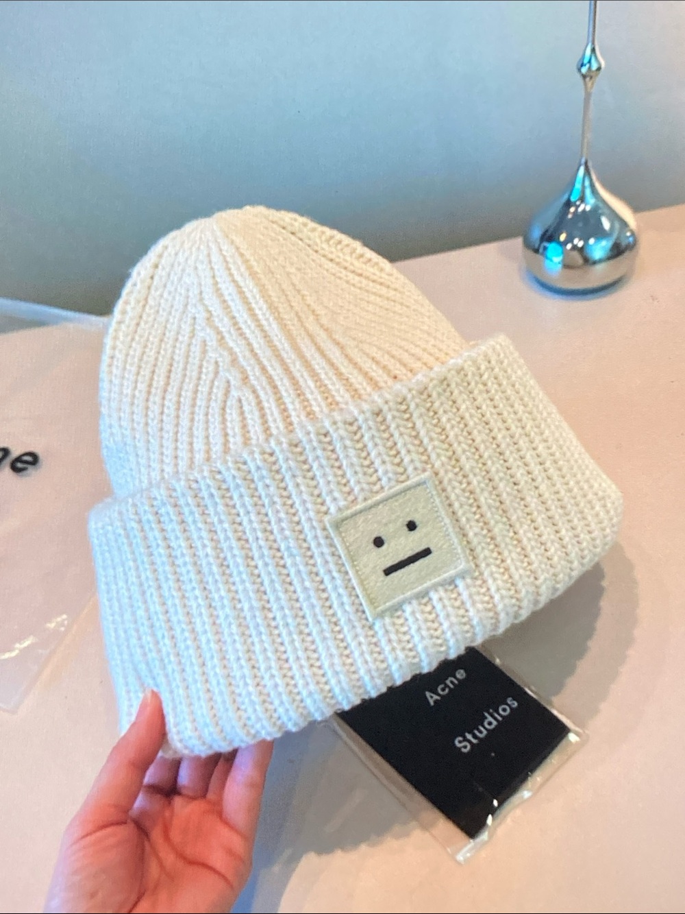 Acne Studios Face Patch Ribbed Knit Beanie Cream Unisex